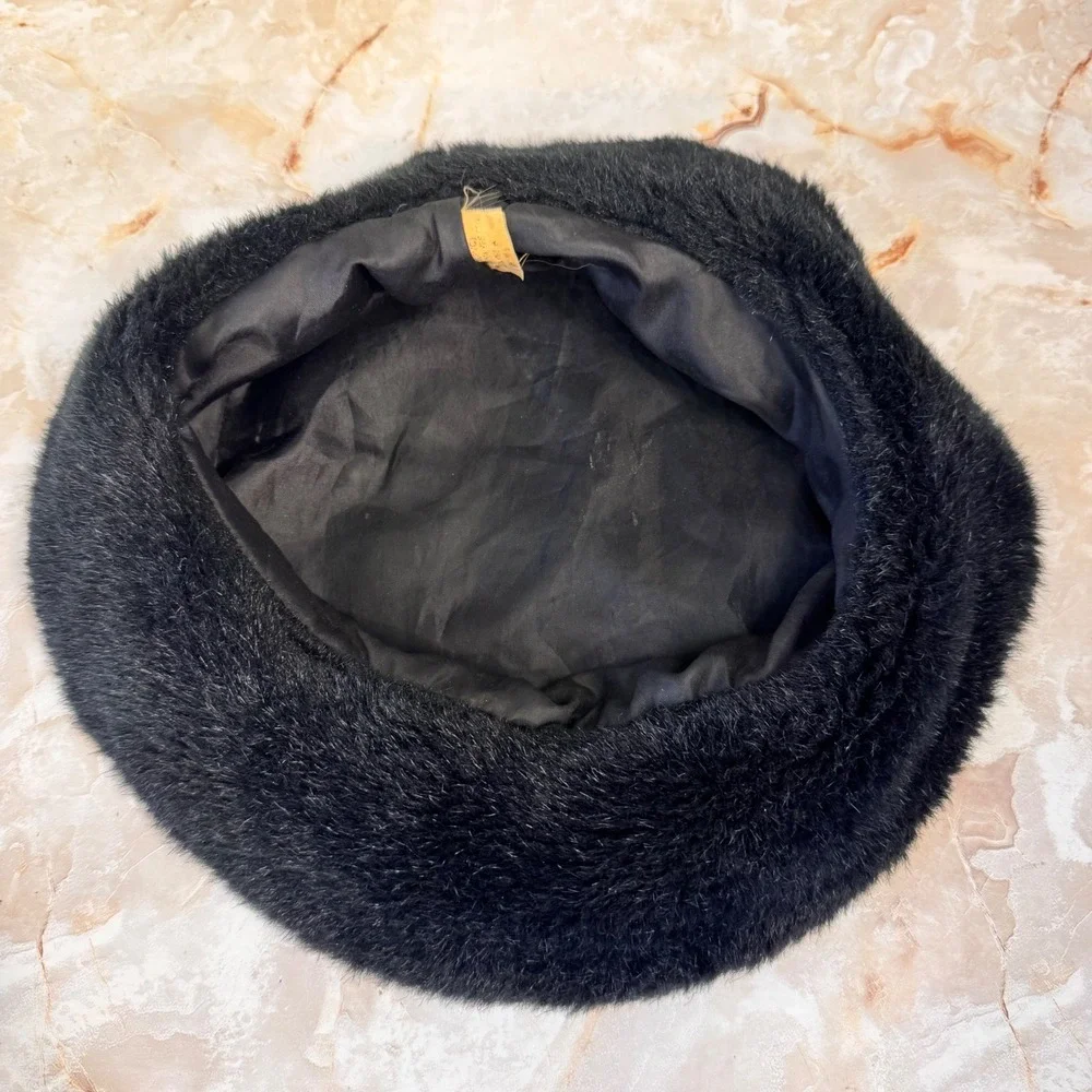 Faux Leather Bucket Hat Women Black Faux Leather and Fur Trim Winter Retro Chic